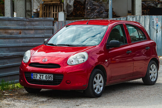 Side, Turkey -January 21, 2023:    Nissan Micra  is parked  on the street on a warm summer day
