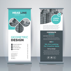 Geometric Business Roll Up. Standee Design. Banner Template. Presentation and Brochure. Modern Geometric x-banner and flag-banner advertising. Vector illustration.