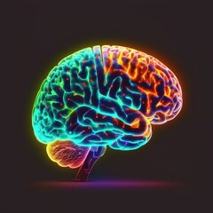 Human brain illustration design in 3d glowing and isolated dark black background and generative ai