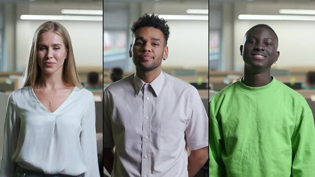 Split screen, portraits of office workers of different races and genders against the background of international office space, managers looks at the camera and smiles, multiscreen.