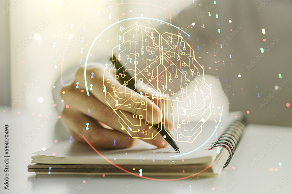 Poster double exposure of creative human brain microcircuit with man hand writing in notepad on background.