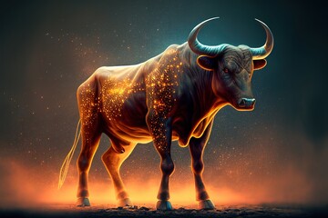 Stunning illustration of a bull and starry night sky. Taurus zodiac symbol, concept image. Generative art