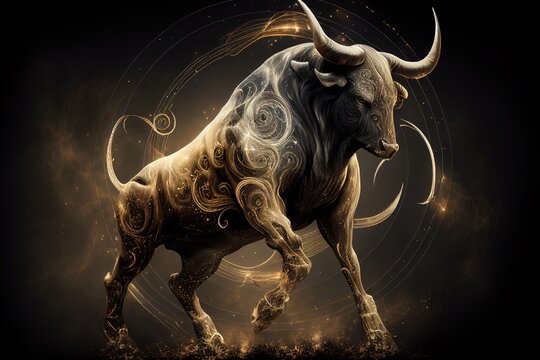 Stunning illustration of ornate, massive and muscular bull. Taurus zodiac symbol. Generative art
