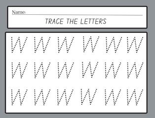 Alphabet letters tracing worksheet. Tracing practice worksheet. Learning alphabet activity page. Letter W
