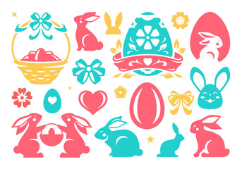 Easter romantic icon bunny eggs basket flower and bow set minimalist vector flat illustration