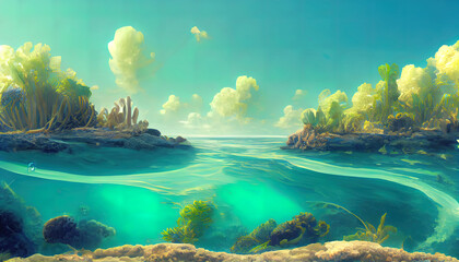 Travel and vacation background, 3d illustration with cut of the ground and the beautiful sea underwater