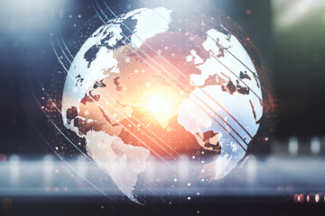 Multi exposure of abstract creative digital world map hologram on blurry modern office building background, tourism and traveling concept