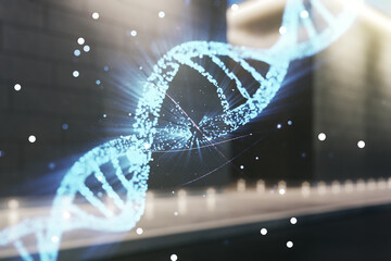 Virtual DNA symbol illustration on blurry modern office building background. Genome research...