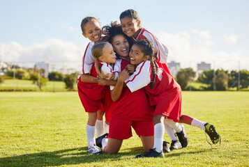 Soccer children, winner or happy for success, goal or wellness in match, game or fitness with smile...