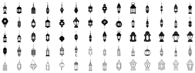 Fototapeta Islamic lantern element set for ramadan in silhouettes. Arabic antique hanging oil Lamp lights isolated vector. obraz