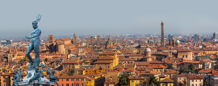 Panoramic view of Bologna and statue of Neptune, Italy