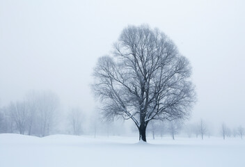 Bare deciduous trees in the morning fog at sunrise in the winter time,fantasy lanscape,