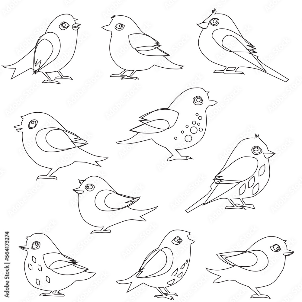 Poster vector set of bird line art in flat style various styles and shapes perched on a branch, bird vector flat isolated on white background
