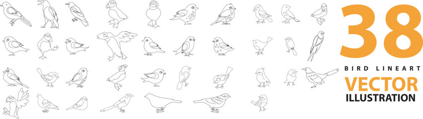 Fototapeta na wymiar vector set of bird line art in flat style various styles and shapes perched on a branch, bird vector flat isolated on white background