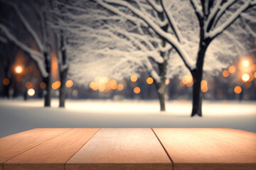 Copy space of tabletop on blur park night winter season tree abstract background. Product presentation on nature and environment concept. Generative AI