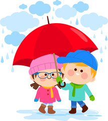 Children, a boy and a girl dressed in warm clothing, standing in the rain under a red umbrella. Vector illustration