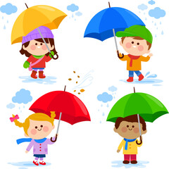 Children under umbrellas in the rain. Vector illustration.