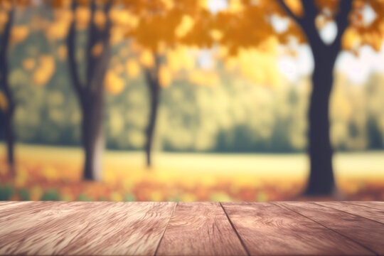 Copy space of tabletop on blur park autumn season tree abstract background. Product presentation on nature and environment concept. Generative AI