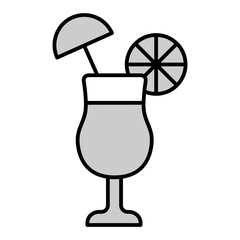 Glass with cocktail, orange slice and straw - icon, illustration on white background, grey style