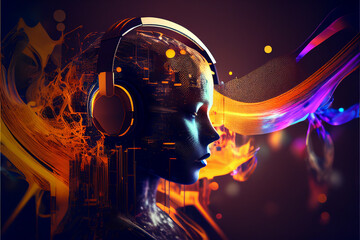 Creative music background. Colorful head wearing headphones on bright background. Sound inspiration and emotions. Created with Generative AI