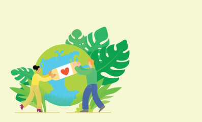 Earth Day or World Environment Day vector illustration. Concept of ecology and protection of environment. Healing and taking care of the earth and nature. Man and woman putting band-aid on globe.