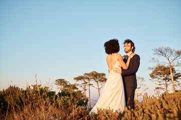 Hug, wedding couple and nature with mock up of marriage celebration in Africa outdoor. Commitment, save the date and love event with bride, man and calm embrace with blue sky together with union