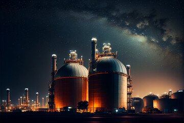 Pipes, oil storage tanks, pipelines of a petrochemical plant at night.