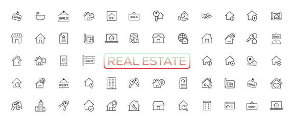 Fototapeta na wymiar Real Estate minimal thin line web icon set. Included the icons as realty, property, mortgage, home loan and more. Outline icons collection. Simple vector illustration