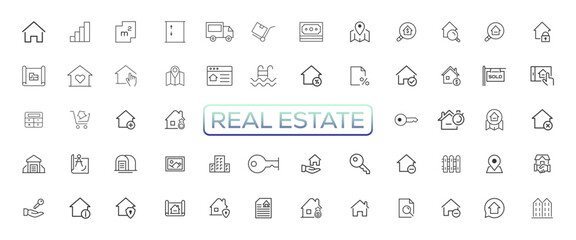 Fototapeta na wymiar Real Estate minimal thin line web icon set. Included the icons as realty, property, mortgage, home loan and more. Outline icons collection. Simple vector illustration