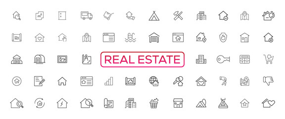 Real Estate minimal thin line web icon set. Included the icons as realty, property, mortgage, home loan and more. Outline icons collection. Simple vector illustration
