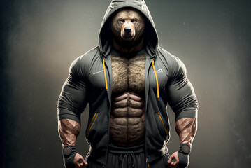 Bodybuilder bear strains all muscles and screams. Black background. Achievements in sports. Generative AI.