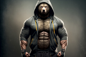 Plakat Bodybuilder bear strains all muscles and screams. Black background. Achievements in sports. Generative AI.