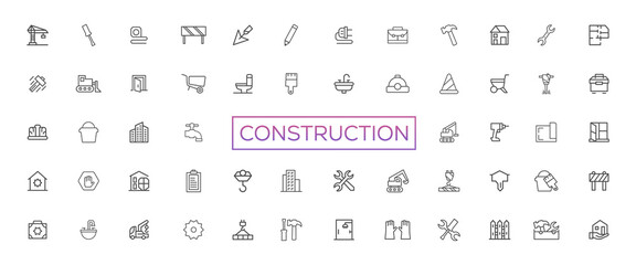 Construction Site Icon Collection &ndash; Engineering, Architecture, Heavy Equipment, Safety, Worker, Tools &ndash; Vector, Outline, Line, Minimal Illustration