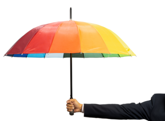 Hand Holding rainbow color umbrella isolated on white background, Hand Holding an umbrella White Background PNG File.