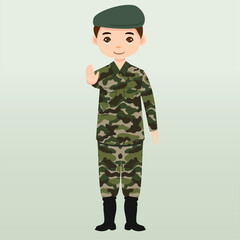 Obraz premium Army soldiers, men in combat uniform saluting. Cute flat cartoon style. Soldier keeps watch on guard. Rangers on border. Commandos team unit. Special force crew. Army or soldier character vector. 