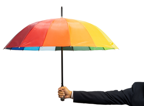 Hand Holding rainbow color umbrella isolated on white background, Hand Holding an umbrella White Background PNG File. - Powered by Adobe