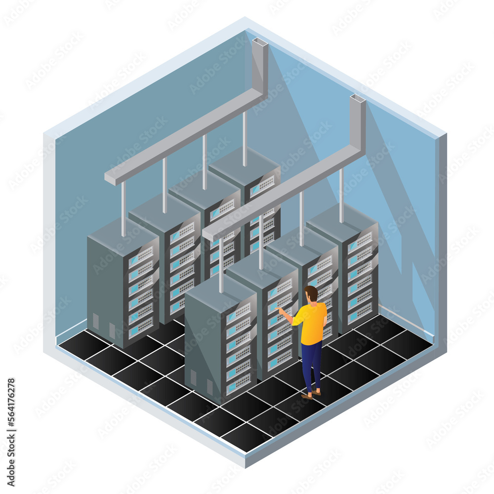 Poster isometric diagnostic test in a server computer room. server test in room. servers being tested in ro