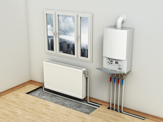 Naklejka na ściany i meble Combi boiler on the house wall, next to the heating radiator. Visible installation of heating tubes. 3D illustration