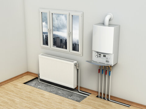 Combi boiler on the house wall, next to the heating radiator. Visible installation of heating tubes. 3D illustration