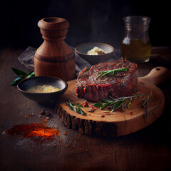Grilled ribeye beef steak, herbs and spices, on wooden background