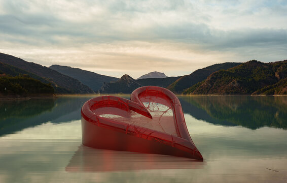 3D broken heart floating in a lake surrounded by beautiful mountains. Digital love art 