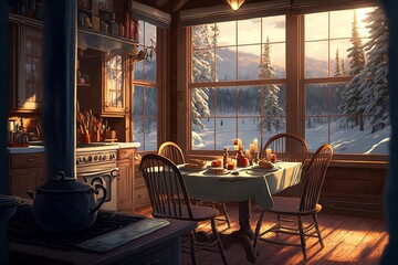 Kitchen interior dinning area with food on the table during winter. Generative AI