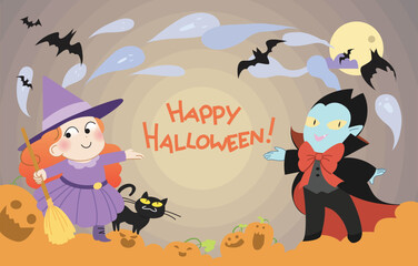 Halloween card vector. A little witch with her cat and a vampire boy on a pumpkins background. Ghosts floating. 
