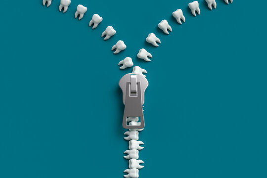 Human teeth in the shape of a zipper, Dentist concept. Medical metaphor, revealing the concept of dentist, doctor, dentistry and treatment. 3d render
