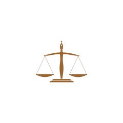 Law logo with justice scale in a pen nib icon isolated on white background