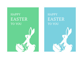 Happy Easter rabbit basket chicken eggs vintage greeting card set design template vector flat