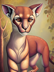 An abstract representation of a Fossa, a large predator animal native to Madagascar is portrayed in this painting. The use of bold lines and contrasting colors convey a sense of power. Generative AI