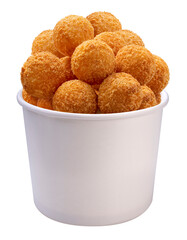Crispy Cheese ball flying out of white paper bucket isolated on white background, Cheese ball or cheesy puffs in paper bucket on white PNG file. - obrazy, fototapety, plakaty