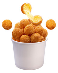 Crispy Cheese ball flying out of white paper bucket isolated on white background, Cheese ball or...
