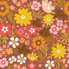 Floral pattern of large yellow, red and orange flowers on a dark coral background background. Rustic chic.